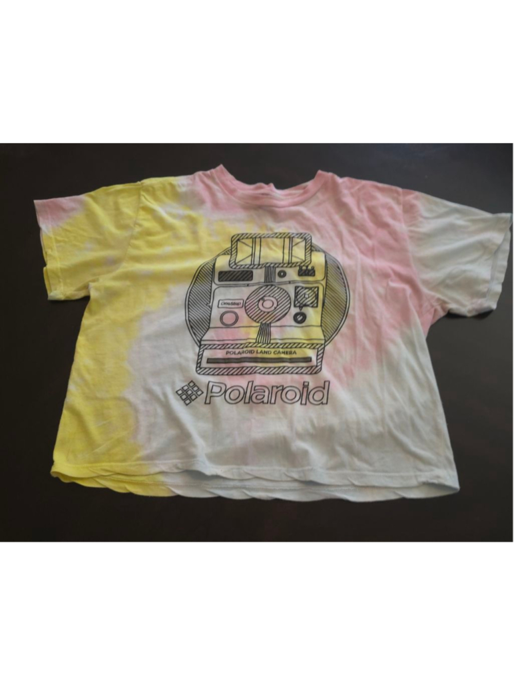 Retro Polaroid Tie-Dye Short Sleeve Crop Waist Tee M White Yellow Pink Summer - Picture 2 of 7